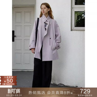 popchrio 宽松外套女秋 纯棉简约立领气质飘带中长风衣小个子短款