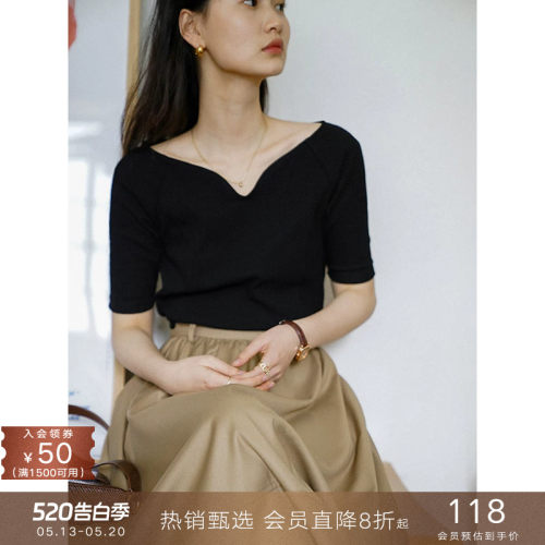 popchrio海鸥V领一字肩短袖上衣