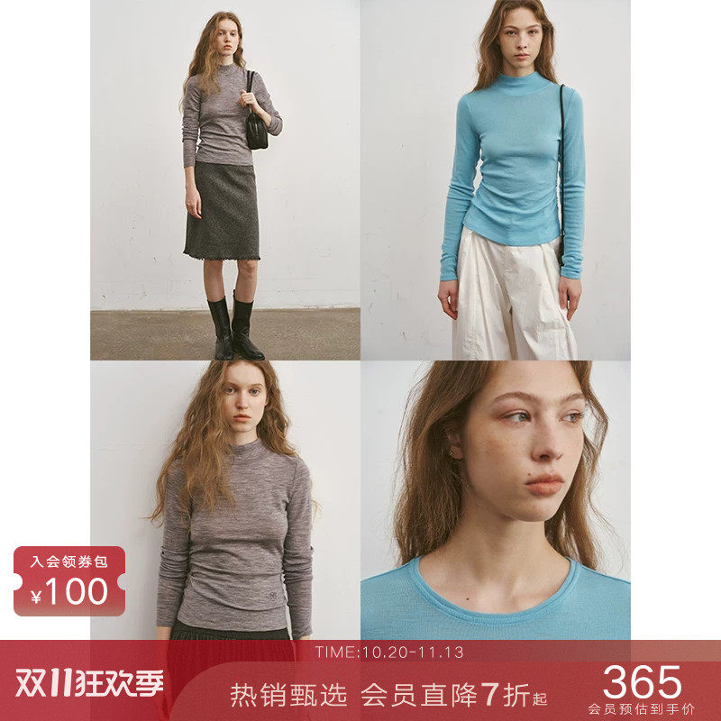 popchrio◆100%羊毛针织T恤打底衫修身百搭圆领半高领套头毛衣女