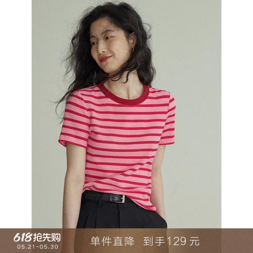 popchrio学院风圆领条纹棉感T恤