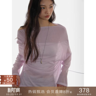 宽松防晒罩衫 针织衫 叠穿上衣女 亚麻混纺透视一字肩长袖 popchrio