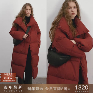 popchrio 女 新年红色加厚90白鸭绒立领过膝羽绒服保暖外套中长款