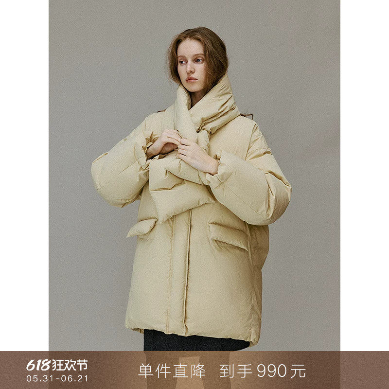 【到手990元】围巾羽绒服设计感90白鸭绒小个子短款面包服外套女