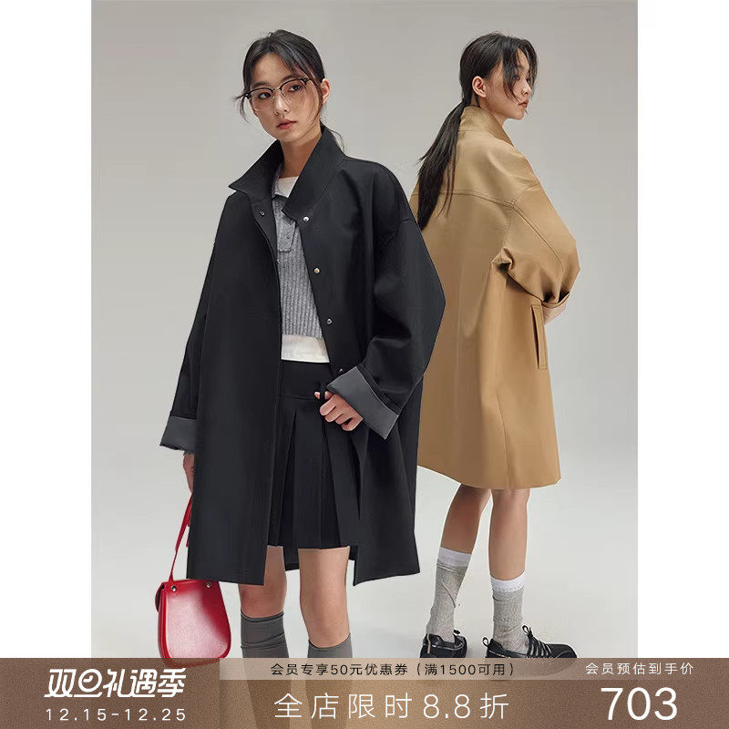 popchrio立挺廓形立领长绒棉风衣