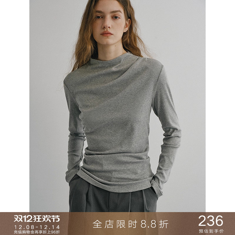 popchrio半高领褶皱不对称T恤