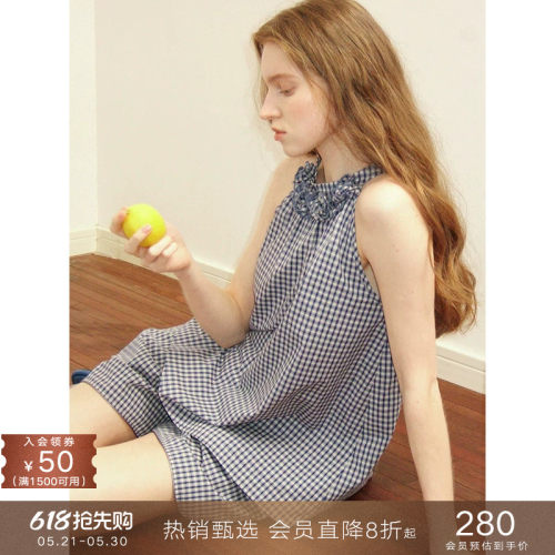 popchrio不规则格子背心短裤套装