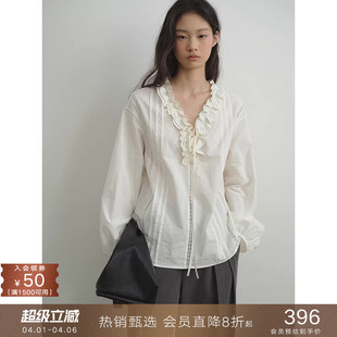 popchrio v领镂空蕾丝花边拼接长袖 衬衫 荷叶边宽松棉衬衣女 法式