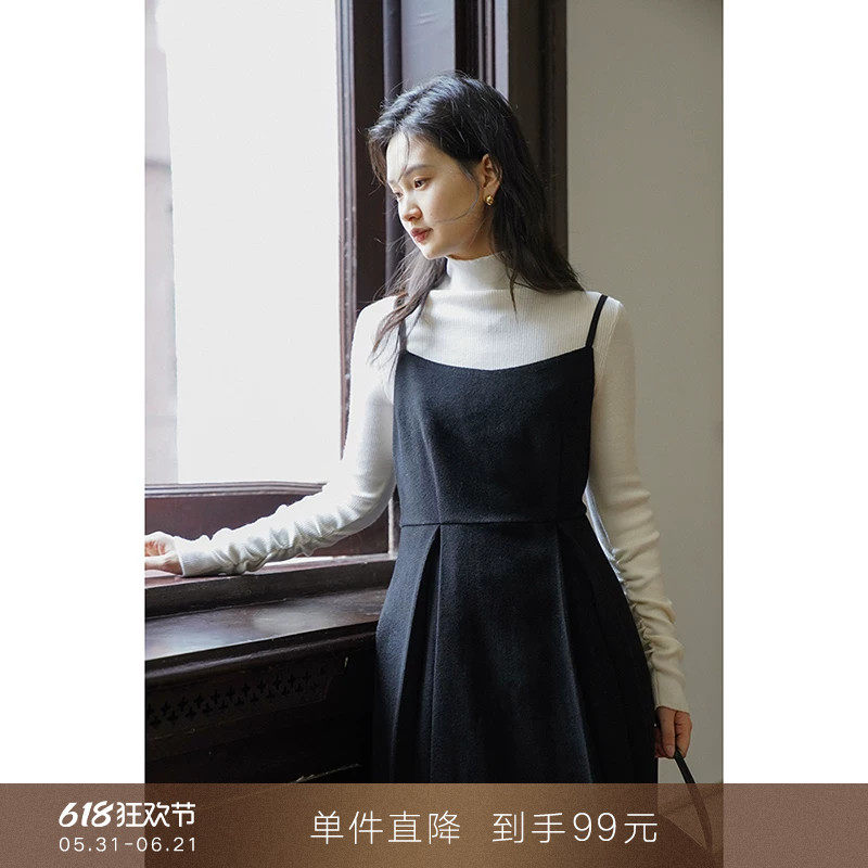 【到手99元】法式赫本风叠穿毛呢吊带连衣裙内搭小黑裙子小个子女
