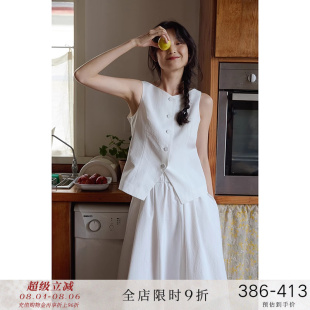 女夏 popchrio v领马甲无袖 上衣休闲感西装 背心A字伞裙半身裙套装