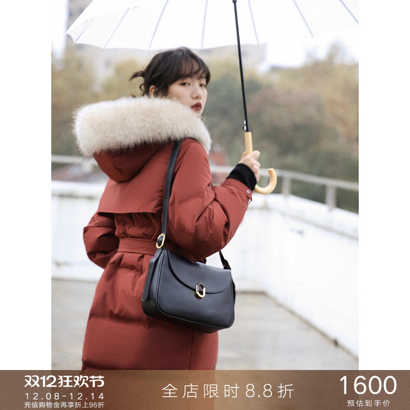 popchrio红色加厚大毛领羽绒服