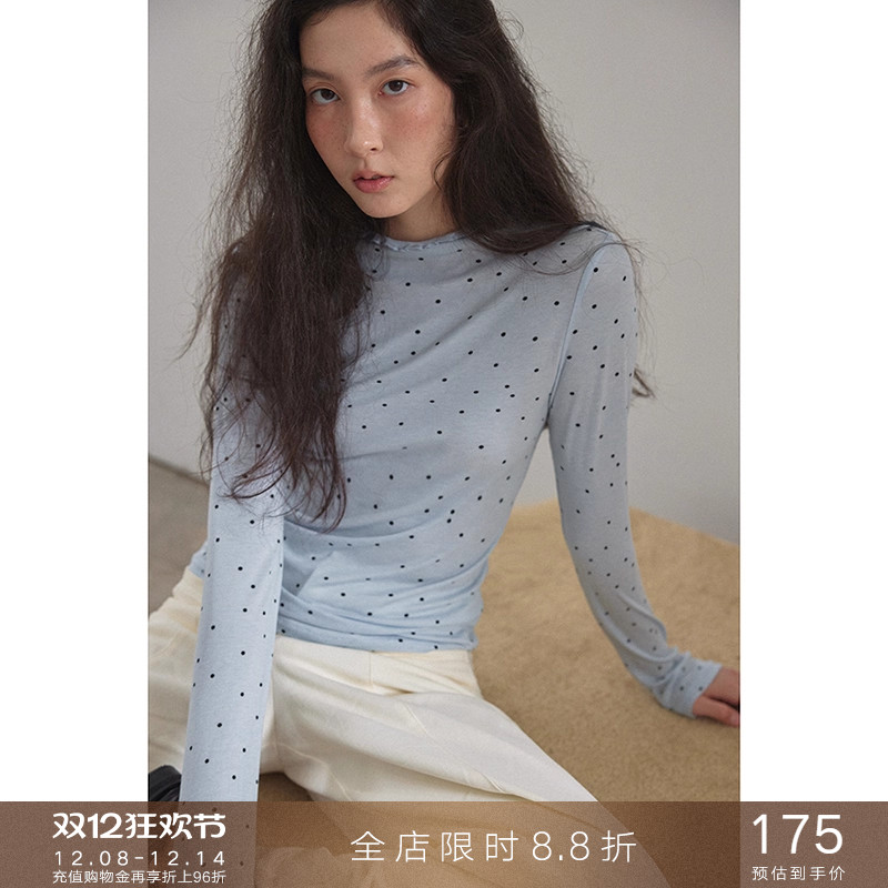 popchrio天丝羊毛波点长袖T恤