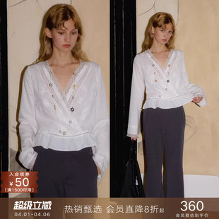 衬衫 popchrio 法式 v领蕾丝拼接喇叭长袖 衬衣女 休闲收腰韩系短款