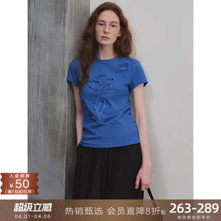 T恤宽松休闲上衣打底衫 女 原创手绘花朵盘带绣圆领短袖 popchrio