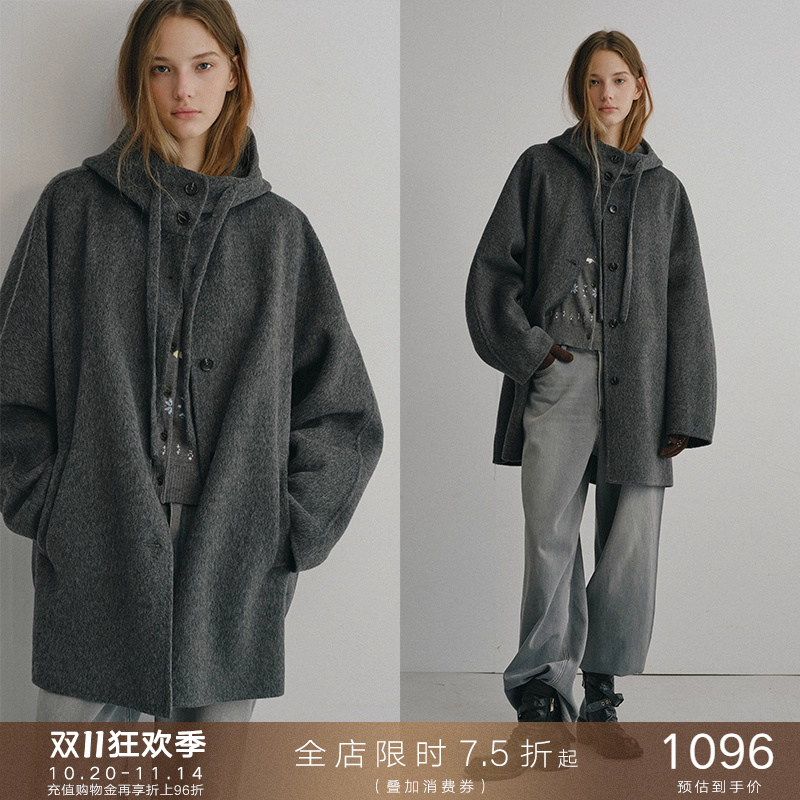 popchrio◆慵懒风高支羊毛连帽双面呢外套小个子短款斗篷毛呢大衣