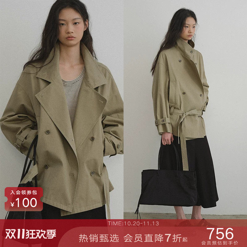 popchrio◆复古洗褪纯棉立翻领低腰系带风衣小个子宽松短款外套女