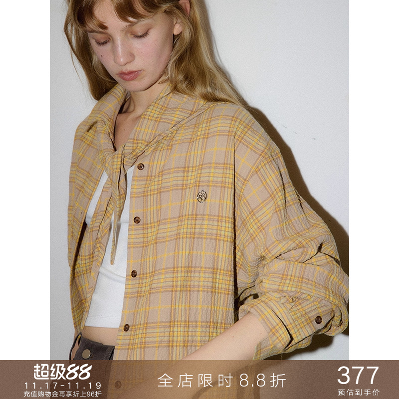 可拆卸三角巾格子衬衫长袖叠穿