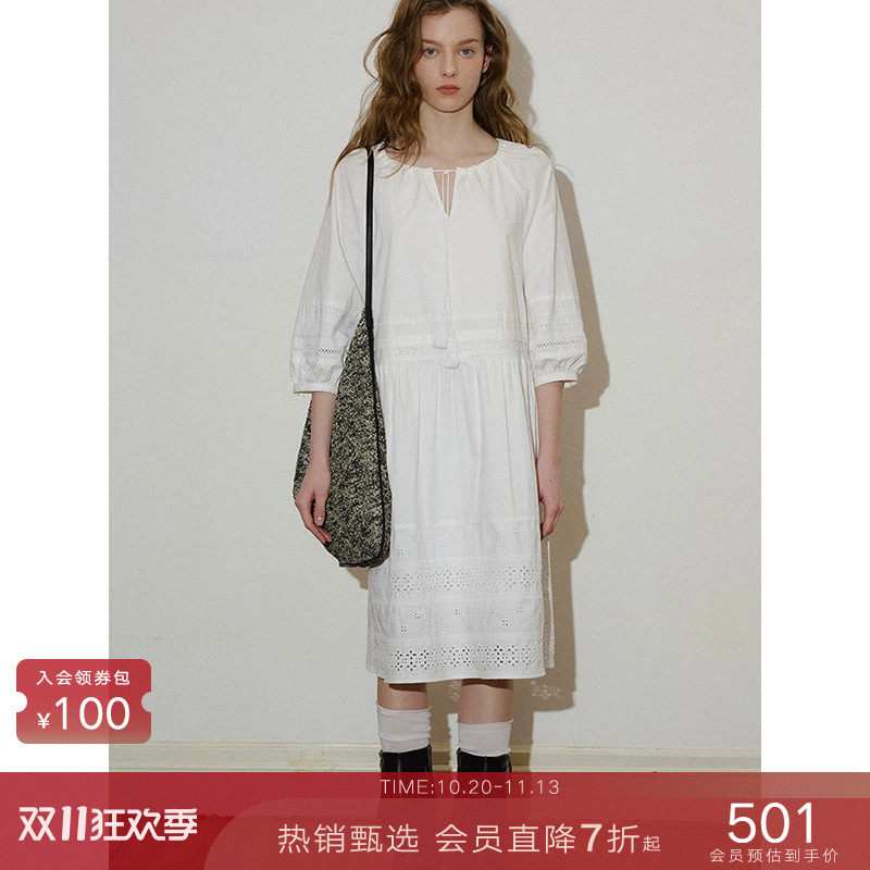 popchrio◆法式复古刺绣蕾丝泡泡半中袖圆v领连衣裙中长款裙子女