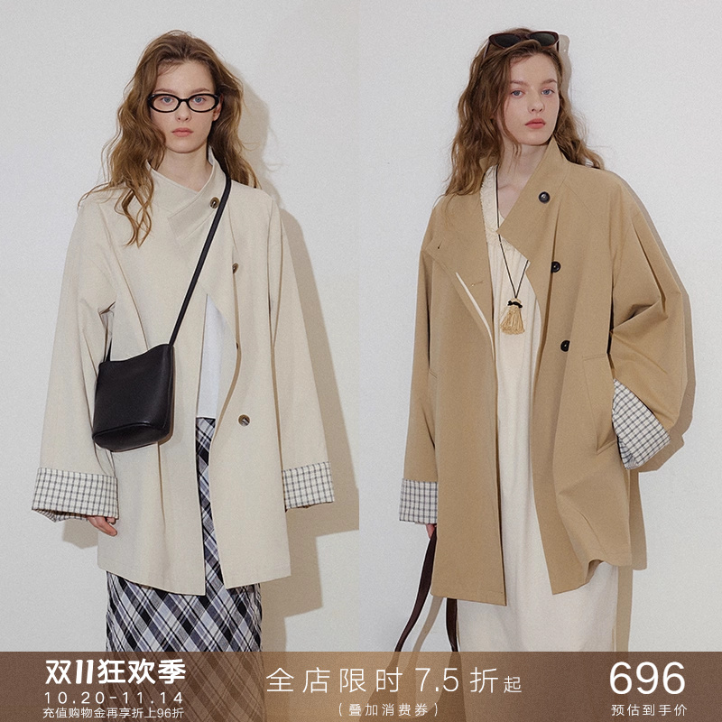 格子撞袖立领卡其色风衣
