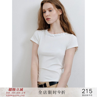 popchrio 显瘦韩系上衣女夏 手工钉珠亮片小飞短袖 圆领棉T恤修身