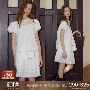 蕾丝泡泡短袖 半身短裙套装 衬衫 镂空娃娃衫 小个子女 法式 popchrio