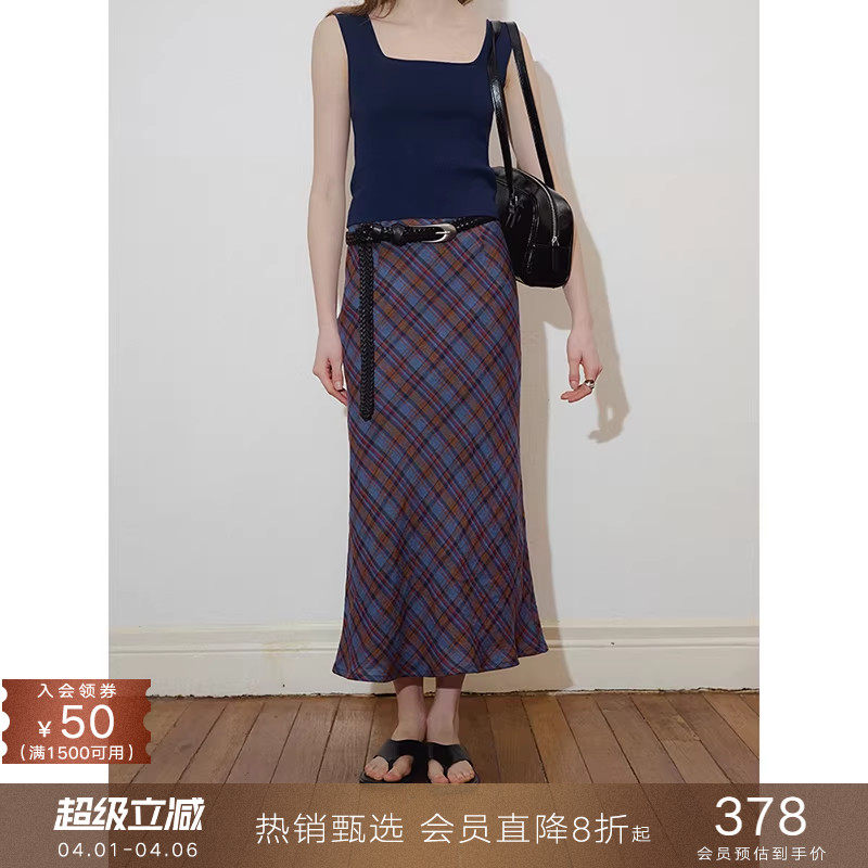 popchrio◆100%亚麻格子高腰半身裙格纹显瘦中长款A字伞裙子女夏