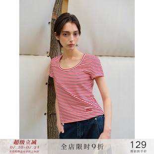 popchrio 显瘦收腰棉上衣女夏 小众设计感撞色条纹u领短袖 T恤修身
