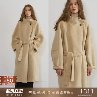 popchrio 加厚毛呢外套女冬 慵懒风羊毛自由立领双面呢大衣中长款