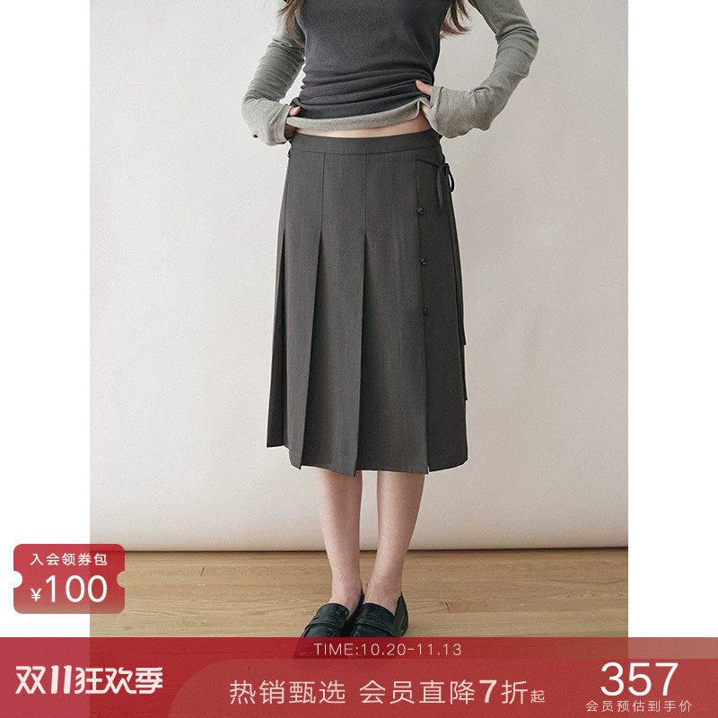 popchrio◆学院风不对称系带开衩直筒百褶裙小个子中长款半身裙子