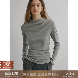 popchrio T恤修身 显瘦内搭上衣打底体恤衫 半高领褶皱不对称长袖