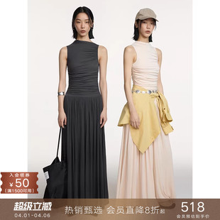 挂脖背心裙A字连衣裙拖地修身 长裙子女 褶皱设计感无袖 popchrio