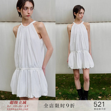 popchrio◆挂脖露肩抽褶花苞连衣裙无袖蓬蓬叠穿短款裙小个子女夏