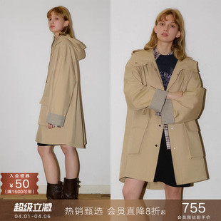 popchrio 宽松外套春秋女 挺括复古巴恩风莱赛尔棉连帽风衣中长款