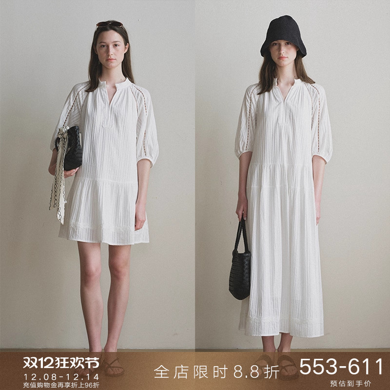 popchrio镂空蕾丝泡泡袖连衣裙