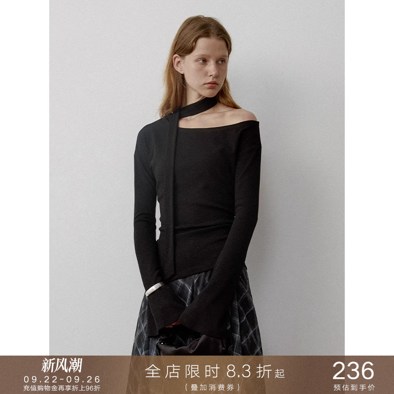 popchrio◆法式优雅斜肩飘带长袖一字领斜肩T恤喇叭袖打底衫上衣