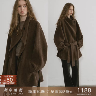 popchrio 毛呢外套 羊绒蚕丝松弛感低腰羊毛双面呢大衣小个子短款