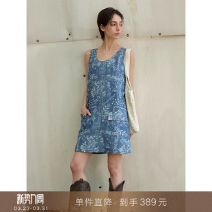 连衣裙韩系短款 复古牛仔色印花u领无袖 a字背心裙女 到手389元