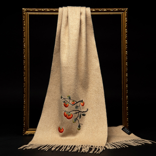 手工苏绣山羊绒围巾送礼长款女式刺绣柿柿如意纯羊绒披肩保暖围脖