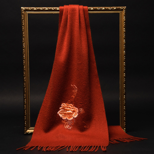 苏绣羊绒围巾女100纯羊绒披肩冬季保暖手工刺绣花牡丹山羊绒围巾