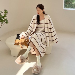 甜美条纹吊带睡裙睡袍软绵绵睡衣女秋冬开衫毛线针织家居服两件套