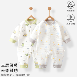 婴儿连体衣秋冬季夹棉纯棉A类宝宝打底内衣睡衣套装新生儿哈衣