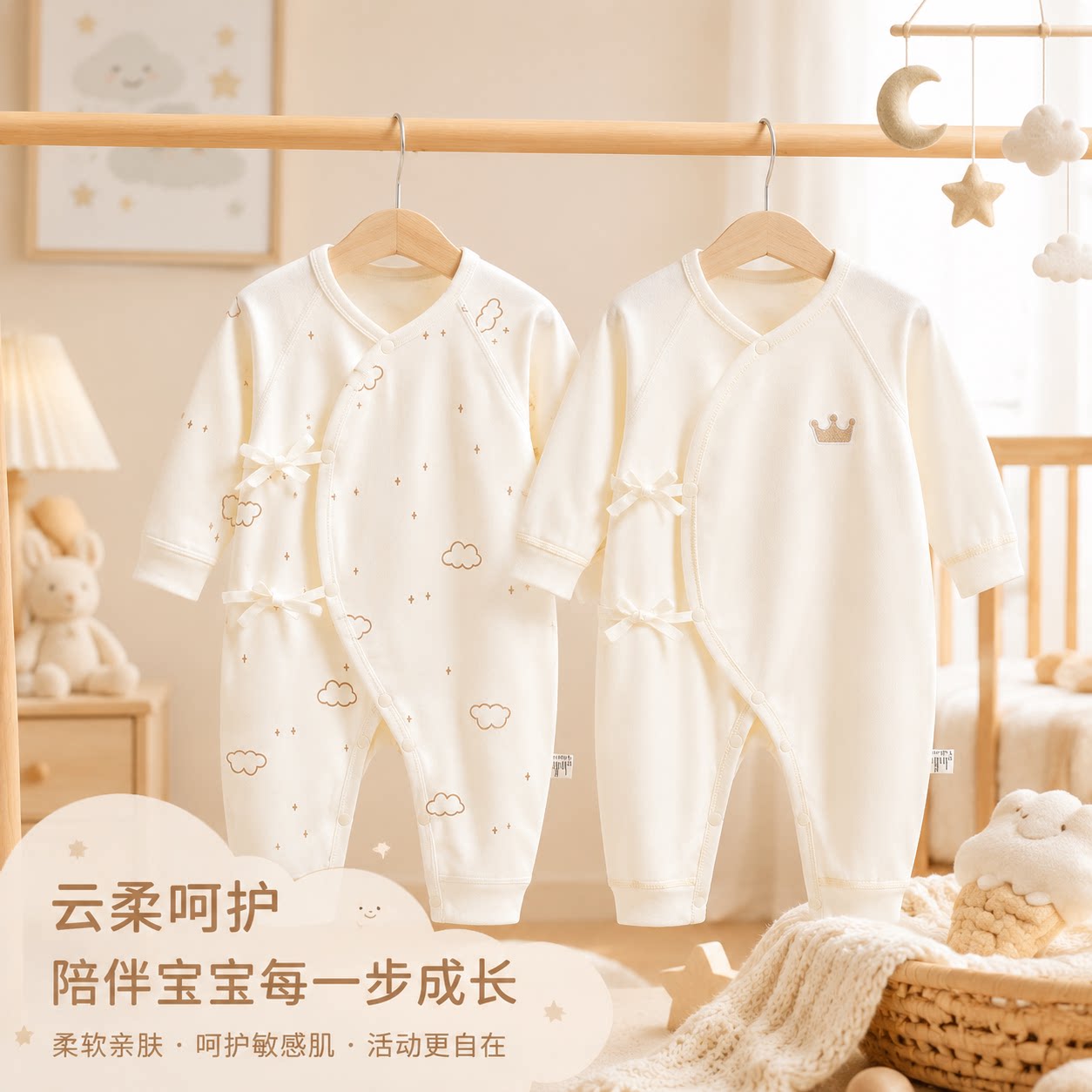 婴儿连体衣早秋季哈衣纯棉无骨贴身a类0-6个月宝宝睡衣爬服系带