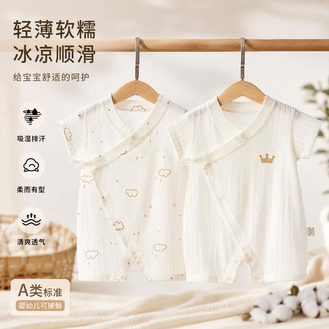 婴儿连体衣夏季纯棉A类短袖薄款系带婴幼儿宝宝和尚服儿童爬服