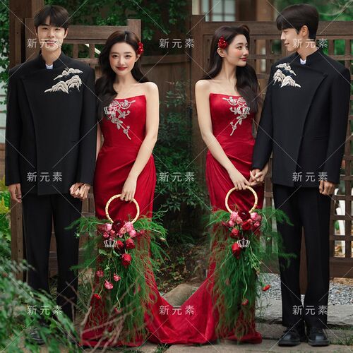 影楼新中式红色抹胸拖尾礼服新娘结婚喜嫁风拍照敬酒服气质婚纱裙