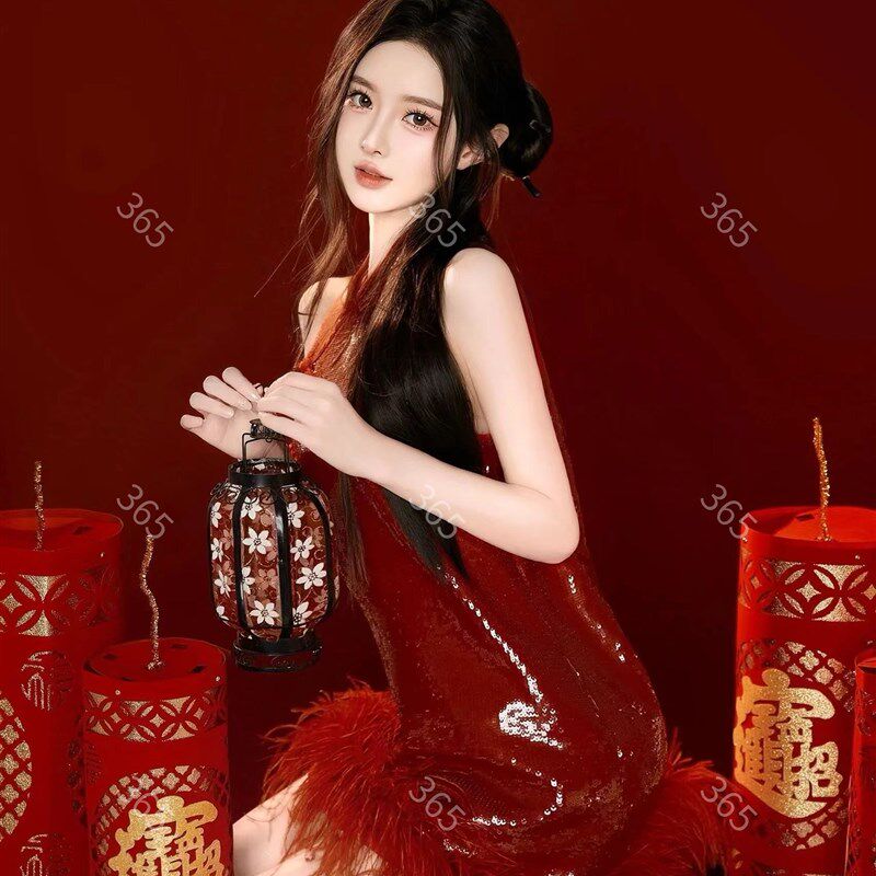 龙年主题拍照新年中国风国潮复古写真服装亮片旗袍艺术照摄影服饰