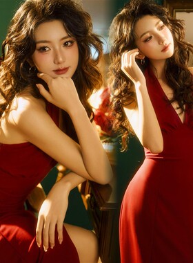2026照相馆新款个性复古港风少女红色洋装氛围感质感写真拍照服装