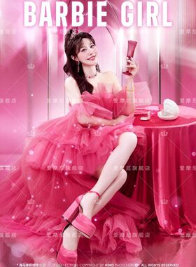 影楼新款公主裙粉色多巴胺少女芭比风生日礼服抹胸婚纱蛋糕裙年会