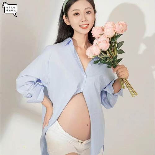 影楼孕妇情侣主题新款简约蓝色衬衫孕妈咪主题夫妻拍照服影楼孕妇