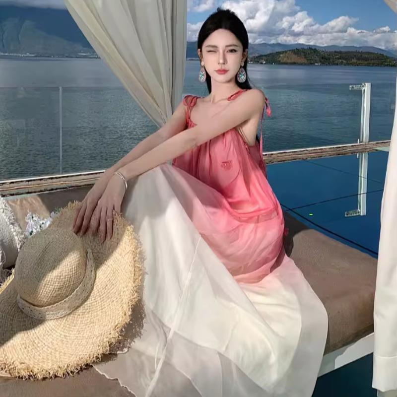 新中式下摆流苏吊带连衣裙女气质碎花长裙复古国风宽松裙子设计感