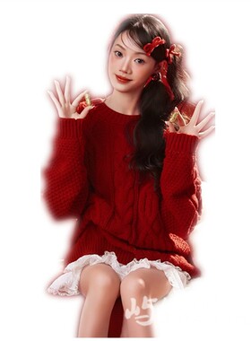照相馆新款元旦新年主题韩系甜美红色喜庆毛衣氛围感艺术照摄影服