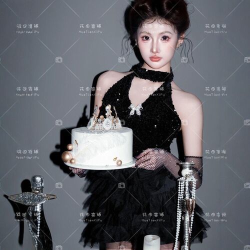 2026影楼新款韩系黑色小香风千金生日写真气质名媛风艺术照摄影服